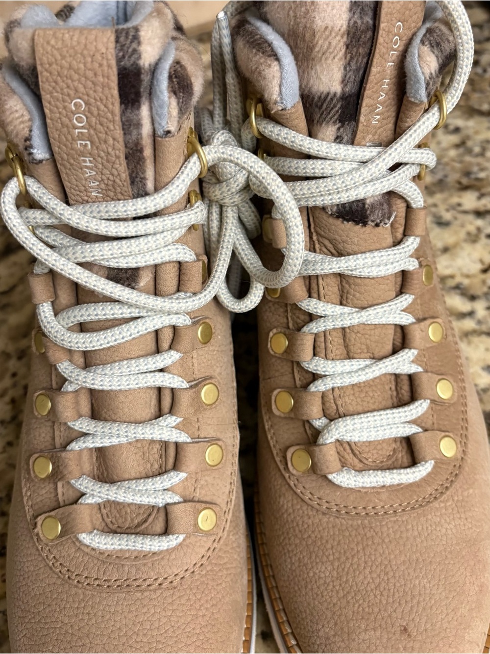 Cole Haan Tan Lace-Up Hiker Boots with Plaid Lining